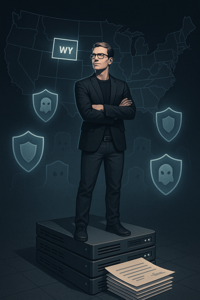 Illustration of a solo entrepreneur protected by layered LLC structure and ghost-like shields, representing business anonymity and asset protection in Wyoming.