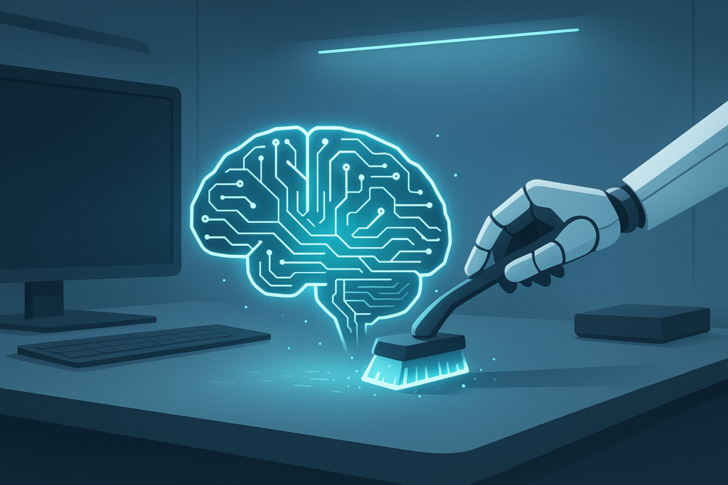 A robotic hand cleaning a glowing digital brain in a minimalist workspace, symbolizing AI memory optimization
